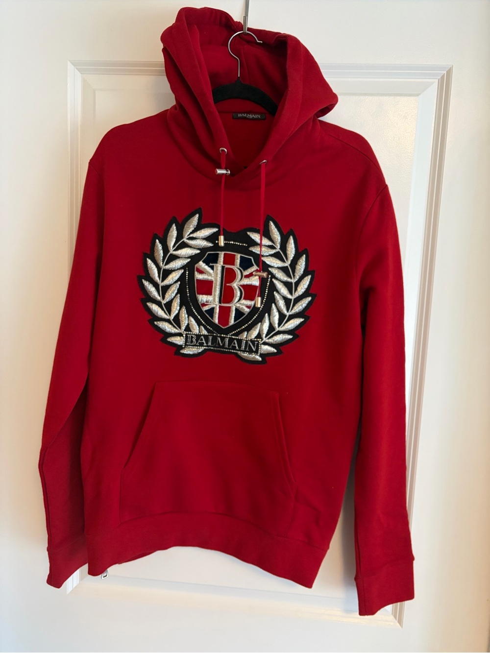 Balmain Red Embroidered Crest Hoodie